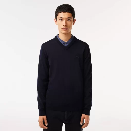 Pull A Col V En Laine Merinos Unie | Lacoste Store