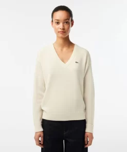 Pull Femme Col En V Uni En Laine | Lacoste Clearance