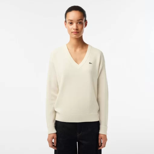 Pull Femme Col En V Uni En Laine | Lacoste Clearance