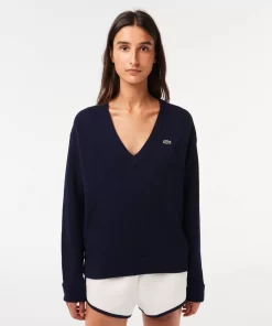 Pull Femme Col En V Uni En Laine | Lacoste Discount