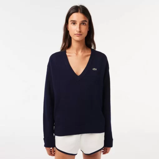 Pull Femme Col En V Uni En Laine | Lacoste Discount