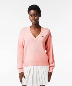 Pull Femme Col En V Uni En Laine | Lacoste Best Sale