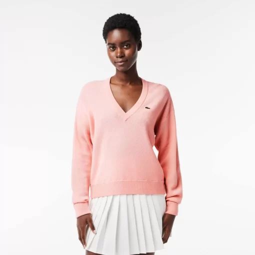 Pull Femme Col En V Uni En Laine | Lacoste Best Sale