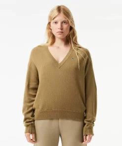 Pull Femme Col En V Uni En Laine | Lacoste New