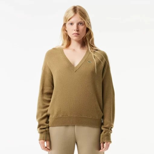 Pull Femme Col En V Uni En Laine | Lacoste New