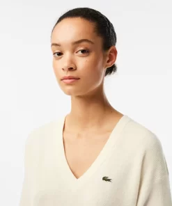 Pull Femme Col En V Uni En Laine | Lacoste Clearance