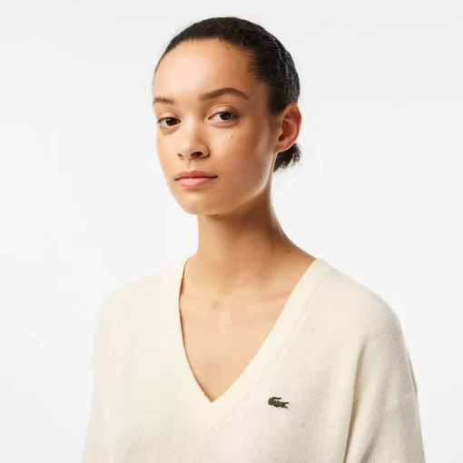 Pull Femme Col En V Uni En Laine | Lacoste Clearance