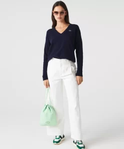 Pull Femme Col En V Uni En Laine | Lacoste Discount