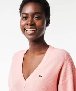 Pull Femme Col En V Uni En Laine | Lacoste Best Sale