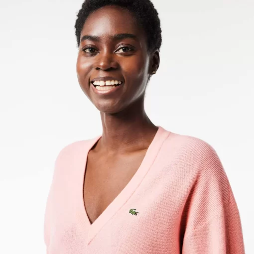 Pull Femme Col En V Uni En Laine | Lacoste Best Sale