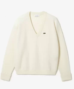 Pull Femme Col En V Uni En Laine | Lacoste Clearance