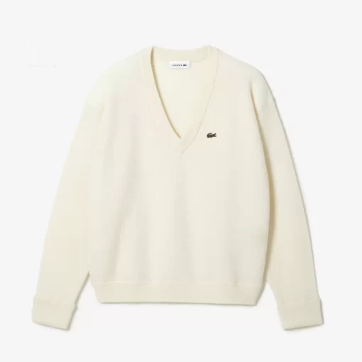 Pull Femme Col En V Uni En Laine | Lacoste Clearance