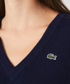 Pull Femme Col En V Uni En Laine | Lacoste Discount