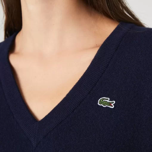 Pull Femme Col En V Uni En Laine | Lacoste Discount