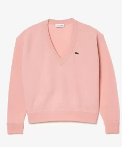 Pull Femme Col En V Uni En Laine | Lacoste Best Sale