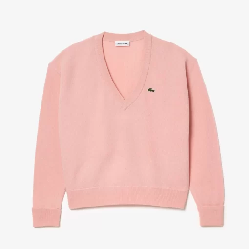 Pull Femme Col En V Uni En Laine | Lacoste Best Sale