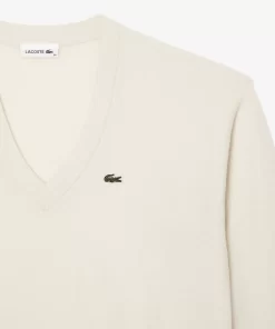 Pull Femme Col En V Uni En Laine | Lacoste Clearance