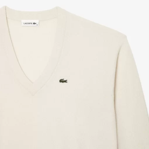 Pull Femme Col En V Uni En Laine | Lacoste Clearance