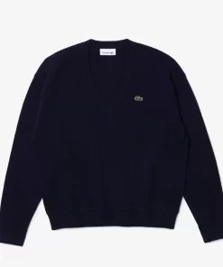 Pull Femme Col En V Uni En Laine | Lacoste Discount