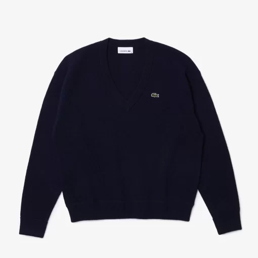 Pull Femme Col En V Uni En Laine | Lacoste Discount