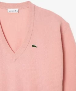 Pull Femme Col En V Uni En Laine | Lacoste Best Sale