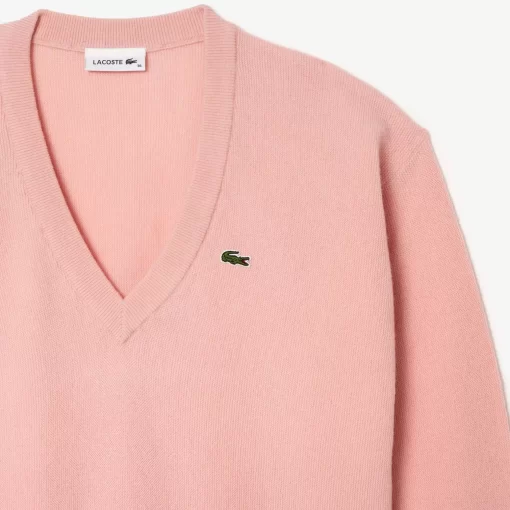 Pull Femme Col En V Uni En Laine | Lacoste Best Sale