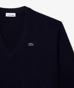 Pull Femme Col En V Uni En Laine | Lacoste Discount