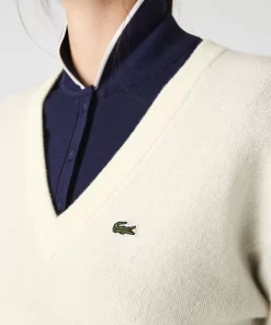 Pull Femme Col En V Uni En Laine | Lacoste Clearance