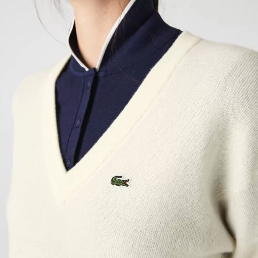 Pull Femme Col En V Uni En Laine | Lacoste Clearance