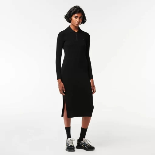 Robe Longue Col Polo En Maille Cotelee Sans Couture | Lacoste Hot